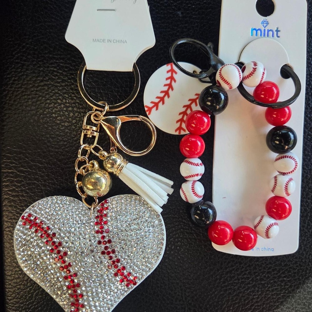 2pc Baseball Keychain Bag Charm Set Rhinestone Heart & Beaded Wristlet Red Black